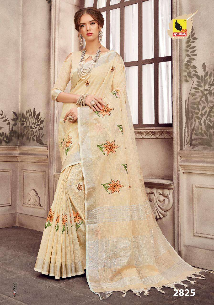 PURE LINEN EMBROIDERY VOL-2 BY ASHIKA SAREES 2821 TO 2832 SERIES INDIAN TRADITIONAL WEAR COLLECTION BEAUTIFUL STYLISH FANCY COLORFUL PARTY WEAR & OCCASIONAL WEAR LINEN SILK EMBROIDERY SAREES AT WHOLESALE PRICE