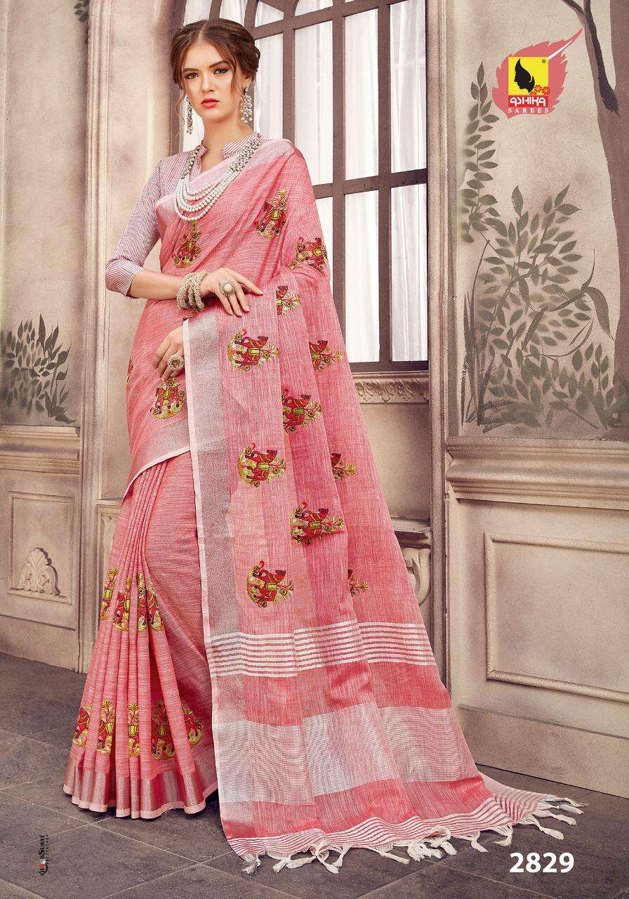 PURE LINEN EMBROIDERY VOL-2 BY ASHIKA SAREES 2821 TO 2832 SERIES INDIAN TRADITIONAL WEAR COLLECTION BEAUTIFUL STYLISH FANCY COLORFUL PARTY WEAR & OCCASIONAL WEAR LINEN SILK EMBROIDERY SAREES AT WHOLESALE PRICE