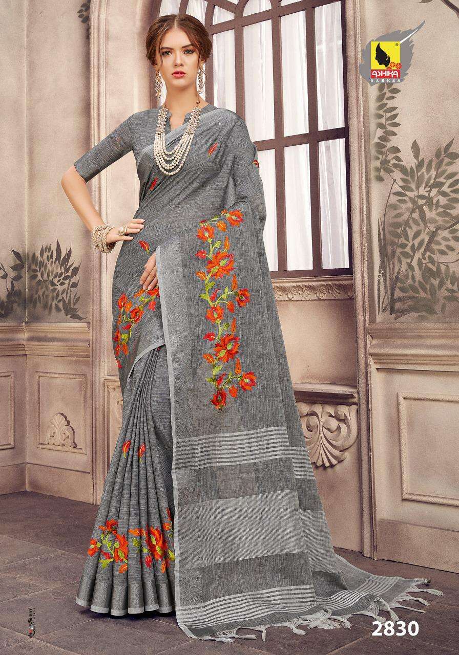 PURE LINEN EMBROIDERY VOL-2 BY ASHIKA SAREES 2821 TO 2832 SERIES INDIAN TRADITIONAL WEAR COLLECTION BEAUTIFUL STYLISH FANCY COLORFUL PARTY WEAR & OCCASIONAL WEAR LINEN SILK EMBROIDERY SAREES AT WHOLESALE PRICE