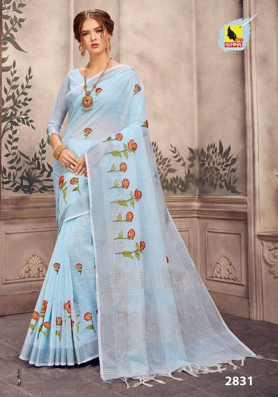 PURE LINEN EMBROIDERY VOL-2 BY ASHIKA SAREES 2821 TO 2832 SERIES INDIAN TRADITIONAL WEAR COLLECTION BEAUTIFUL STYLISH FANCY COLORFUL PARTY WEAR & OCCASIONAL WEAR LINEN SILK EMBROIDERY SAREES AT WHOLESALE PRICE