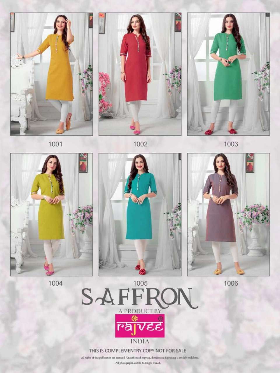 SAFFRON BY RAJVEE 1001 TO 1006 SERIES BEAUTIFUL COLORFUL STYLISH FANCY CASUAL WEAR & ETHNIC WEAR & READY TO WEAR HANDLOOM PRINTED KURTIS AT WHOLESALE PRICE