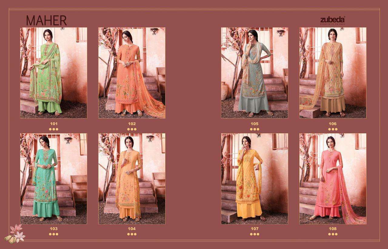 MAHER BY ZUBEDA 101 TO 108 SERIES DESIGNER SHARARA SUITS BEAUTIFUL STYLISH FANCY COLORFUL PARTY WEAR & ETHNIC WEAR GEORGETTE SHIFFLI DIGITAL PRINTED  DRESSES AT WHOLESALE PRICE