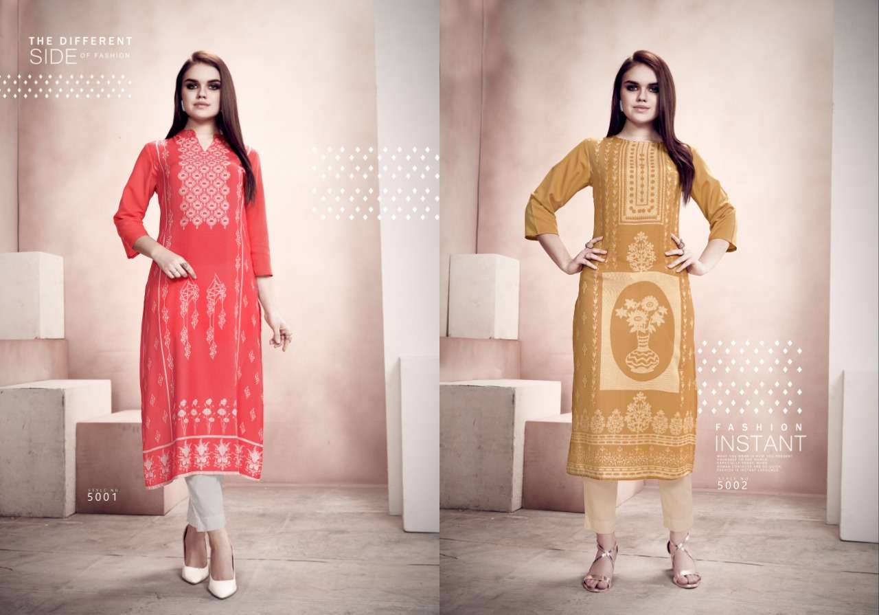SASHA BY RUDDHI DRESSLINE 5001 TO 5006 SERIES BEAUTIFUL STYLISH COLORFUL FANCY PARTY WEAR & ETHNIC WEAR & READY TO WEAR RAYON CREPE KURTIS AT WHOLESALE PRICE
