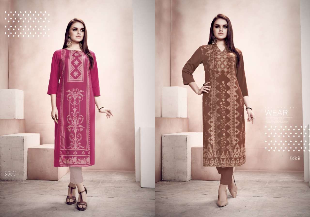 SASHA BY RUDDHI DRESSLINE 5001 TO 5006 SERIES BEAUTIFUL STYLISH COLORFUL FANCY PARTY WEAR & ETHNIC WEAR & READY TO WEAR RAYON CREPE KURTIS AT WHOLESALE PRICE