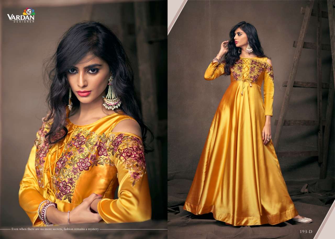 NAVYA GOLD VOL-10 BY VARDAN DESIGNER 193-B TO 193-E SERIES BEAUTIFUL STYLISH FANCY COLORFUL CASUAL WEAR & ETHNIC WEAR SOFT TAPETA WITH EMBROIDERY GOWNS AT WHOLESALE PRICE