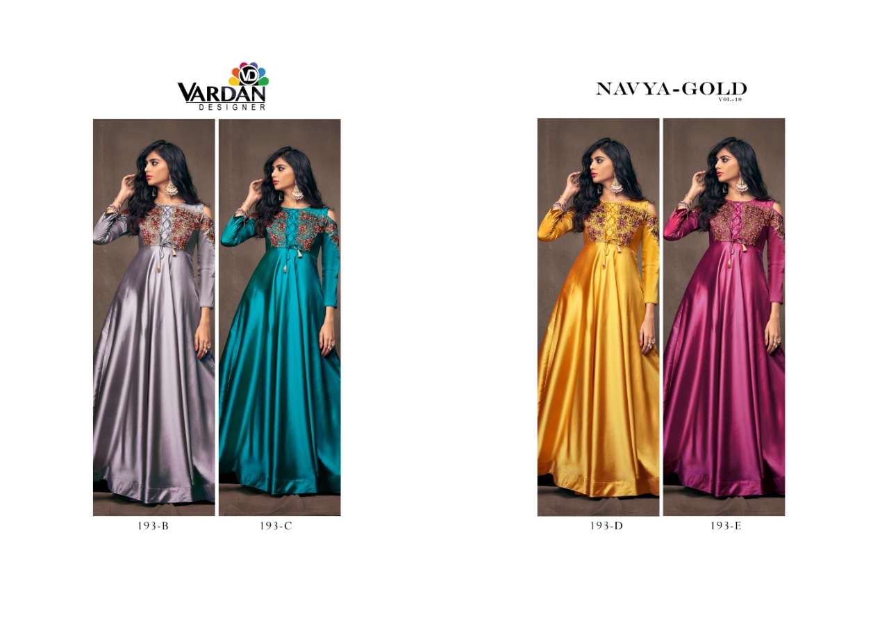 NAVYA GOLD VOL-10 BY VARDAN DESIGNER 193-B TO 193-E SERIES BEAUTIFUL STYLISH FANCY COLORFUL CASUAL WEAR & ETHNIC WEAR SOFT TAPETA WITH EMBROIDERY GOWNS AT WHOLESALE PRICE