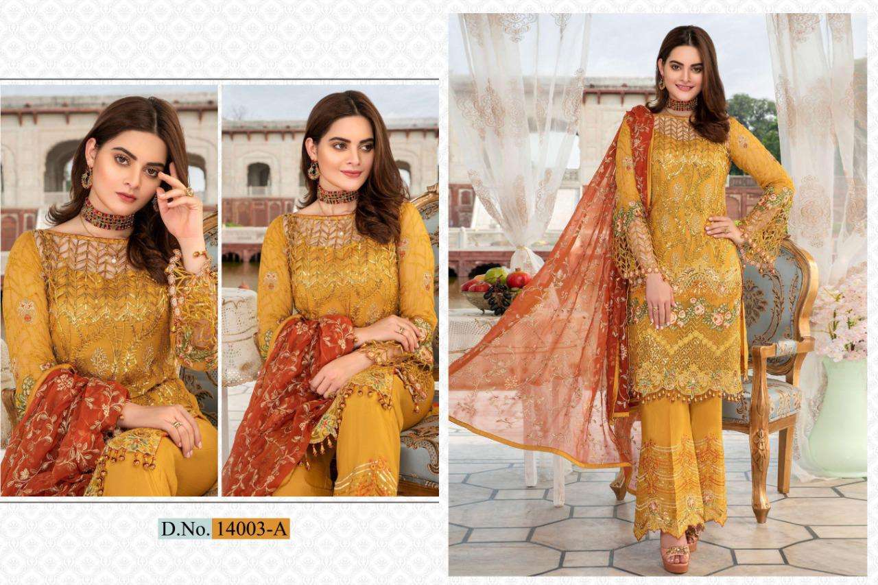 SHAKINA COLOR EDITION SUPER HIT DESIGN BY CYRA FASHION 14003-A TO 14003-F SERIES DESIGNER PAKISTANI SUITS BEAUTIFUL FANCY STYLISH COLORFUL PARTY WEAR & OCCASIONAL WEAR HEAVY NET WITH EMBROIDERY AND HAND WORK DRESSES AT WHOLESALE PRICE