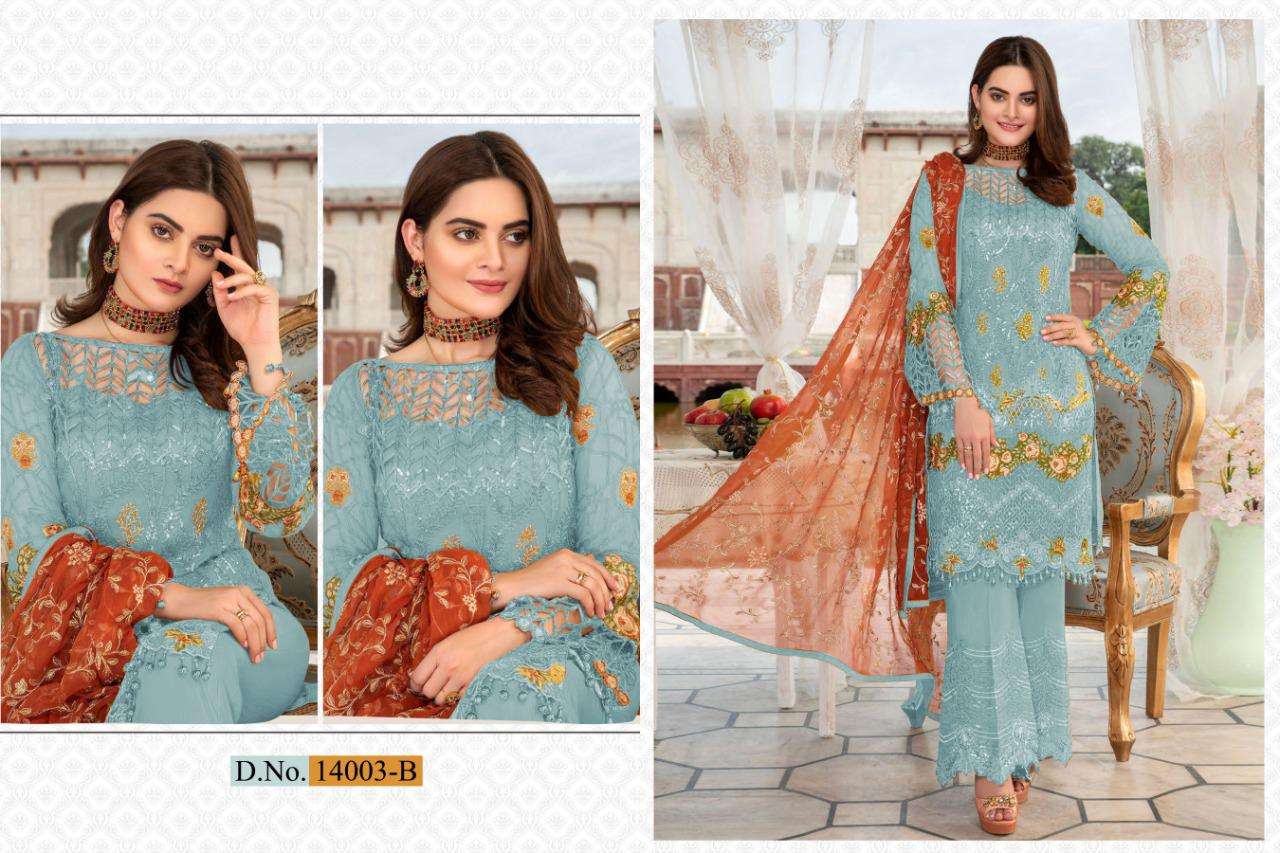 SHAKINA COLOR EDITION SUPER HIT DESIGN BY CYRA FASHION 14003-A TO 14003-F SERIES DESIGNER PAKISTANI SUITS BEAUTIFUL FANCY STYLISH COLORFUL PARTY WEAR & OCCASIONAL WEAR HEAVY NET WITH EMBROIDERY AND HAND WORK DRESSES AT WHOLESALE PRICE