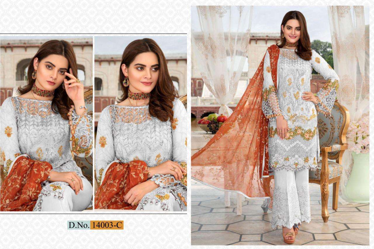 SHAKINA COLOR EDITION SUPER HIT DESIGN BY CYRA FASHION 14003-A TO 14003-F SERIES DESIGNER PAKISTANI SUITS BEAUTIFUL FANCY STYLISH COLORFUL PARTY WEAR & OCCASIONAL WEAR HEAVY NET WITH EMBROIDERY AND HAND WORK DRESSES AT WHOLESALE PRICE