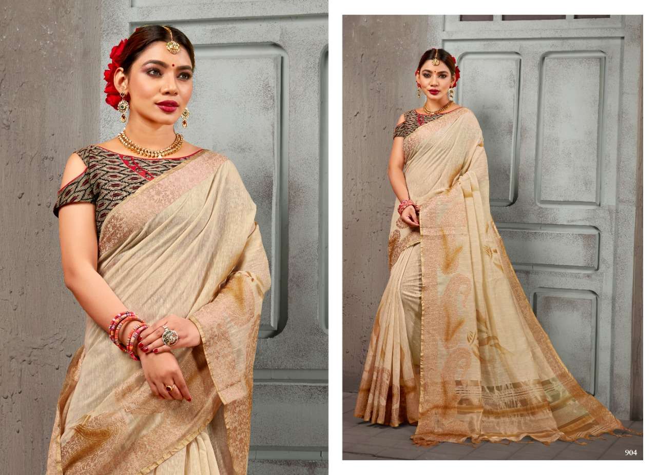 MOGRAA BY H RAJ 901 TO 907 SERIES INDIAN TRADITIONAL WEAR COLLECTION BEAUTIFUL STYLISH FANCY COLORFUL PARTY WEAR & OCCASIONAL WEAR LINEN CHANDERI COTTON SAREES AT WHOLESALE PRICE