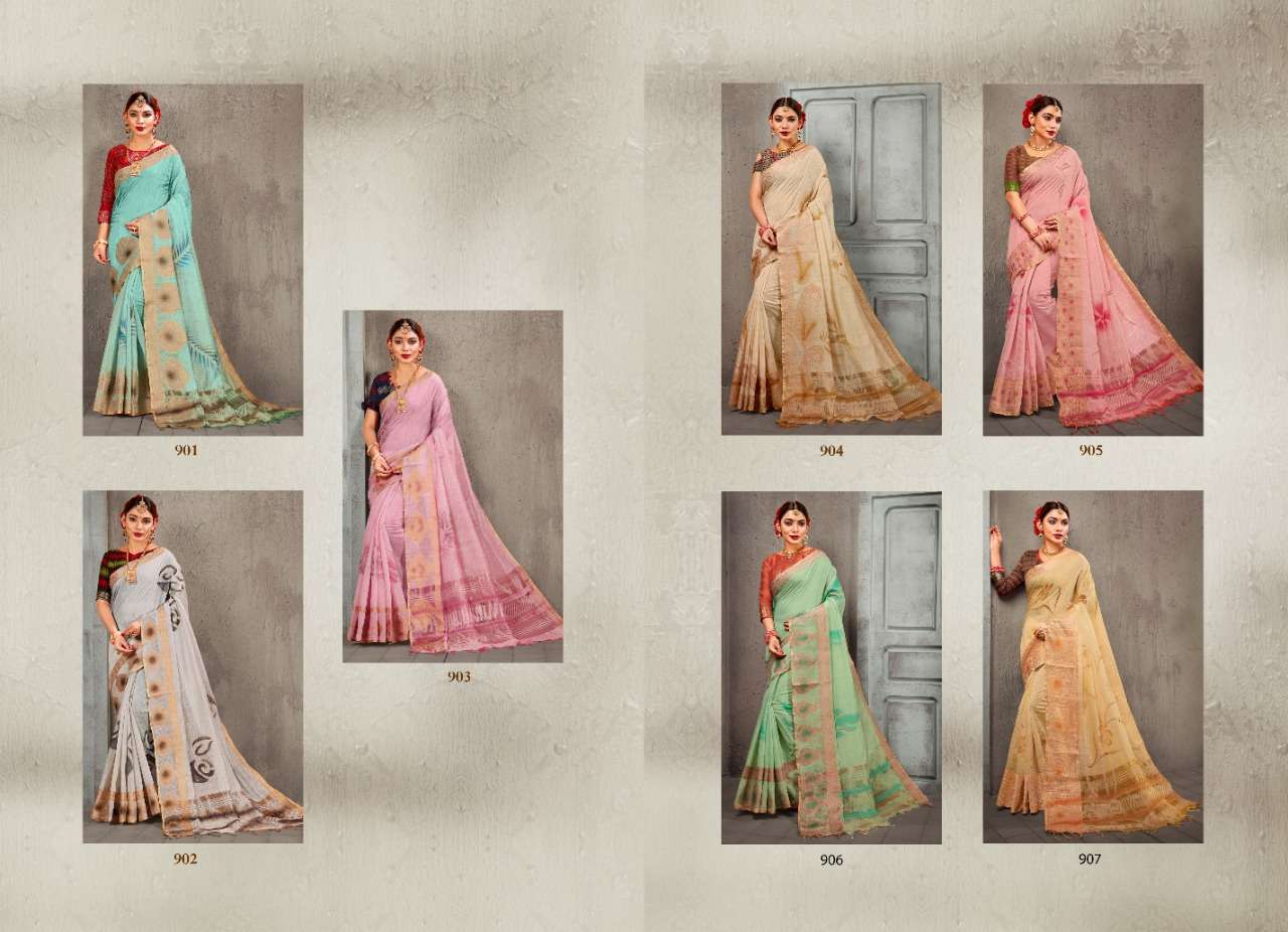 MOGRAA BY H RAJ 901 TO 907 SERIES INDIAN TRADITIONAL WEAR COLLECTION BEAUTIFUL STYLISH FANCY COLORFUL PARTY WEAR & OCCASIONAL WEAR LINEN CHANDERI COTTON SAREES AT WHOLESALE PRICE