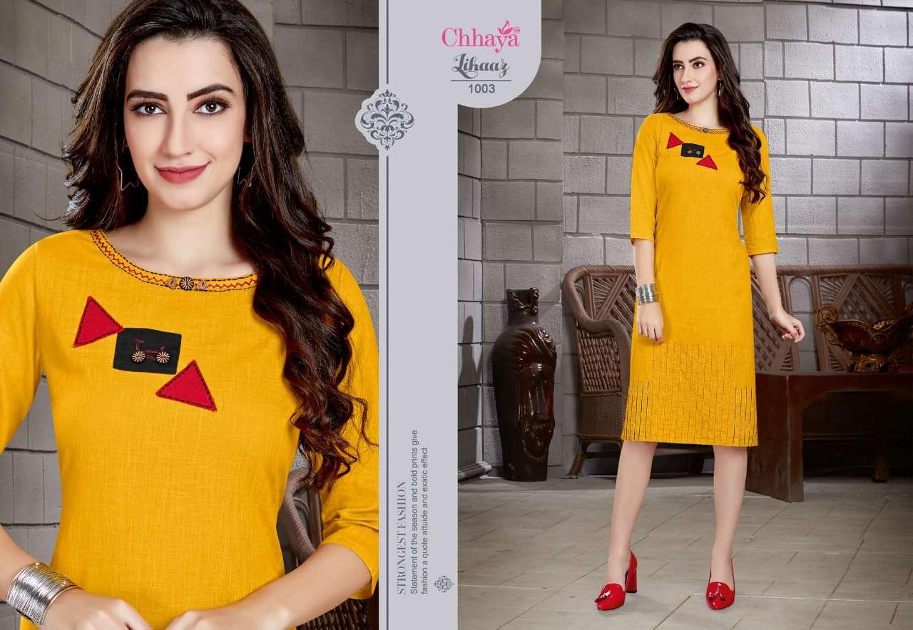 LIHAAZ BY CHHAYA 1001 TO 1010 SERIES STYLISH FANCY BEAUTIFUL COLORFUL CASUAL WEAR & ETHNIC WEAR HEAVY COTTON SLUB KURTIS AT WHOLESALE PRICE