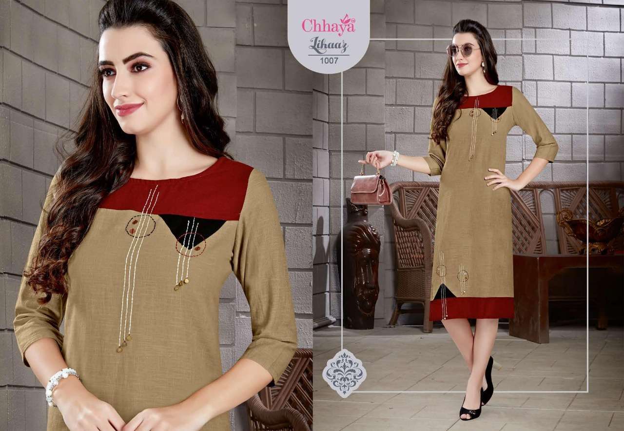 LIHAAZ BY CHHAYA 1001 TO 1010 SERIES STYLISH FANCY BEAUTIFUL COLORFUL CASUAL WEAR & ETHNIC WEAR HEAVY COTTON SLUB KURTIS AT WHOLESALE PRICE