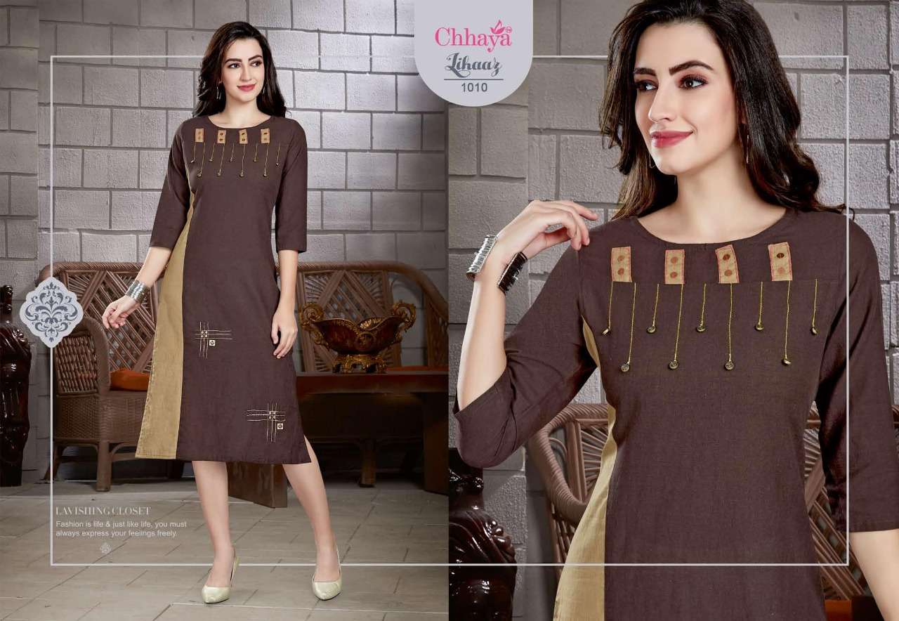 LIHAAZ BY CHHAYA 1001 TO 1010 SERIES STYLISH FANCY BEAUTIFUL COLORFUL CASUAL WEAR & ETHNIC WEAR HEAVY COTTON SLUB KURTIS AT WHOLESALE PRICE