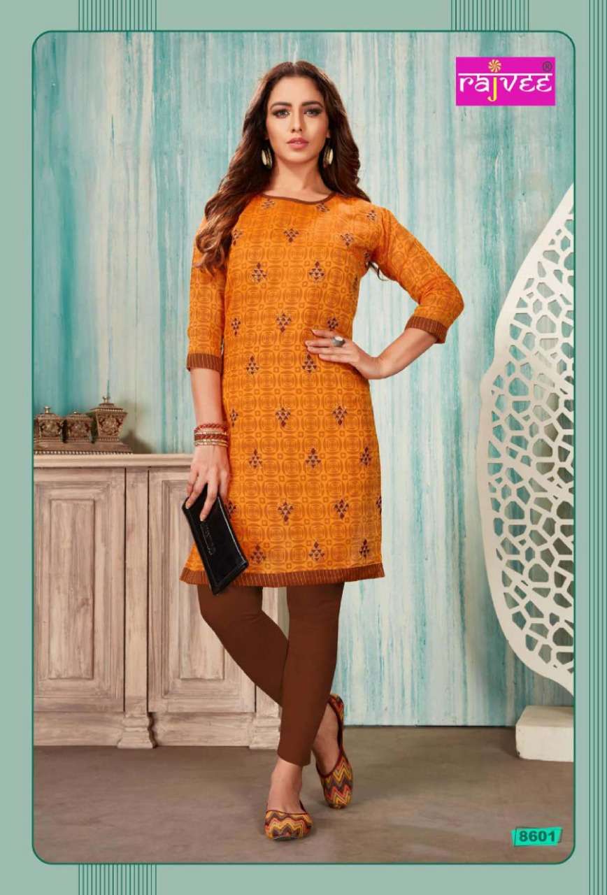 SPICE BY RAJVEE 8601 TO 8608 SERIES STYLISH FANCY BEAUTIFUL COLORFUL CASUAL WEAR & ETHNIC WEAR CHANDERI  PRINTED SILK KURTIS AT WHOLESALE PRICE