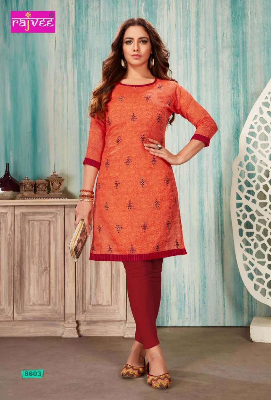 SPICE BY RAJVEE 8601 TO 8608 SERIES STYLISH FANCY BEAUTIFUL COLORFUL CASUAL WEAR & ETHNIC WEAR CHANDERI  PRINTED SILK KURTIS AT WHOLESALE PRICE