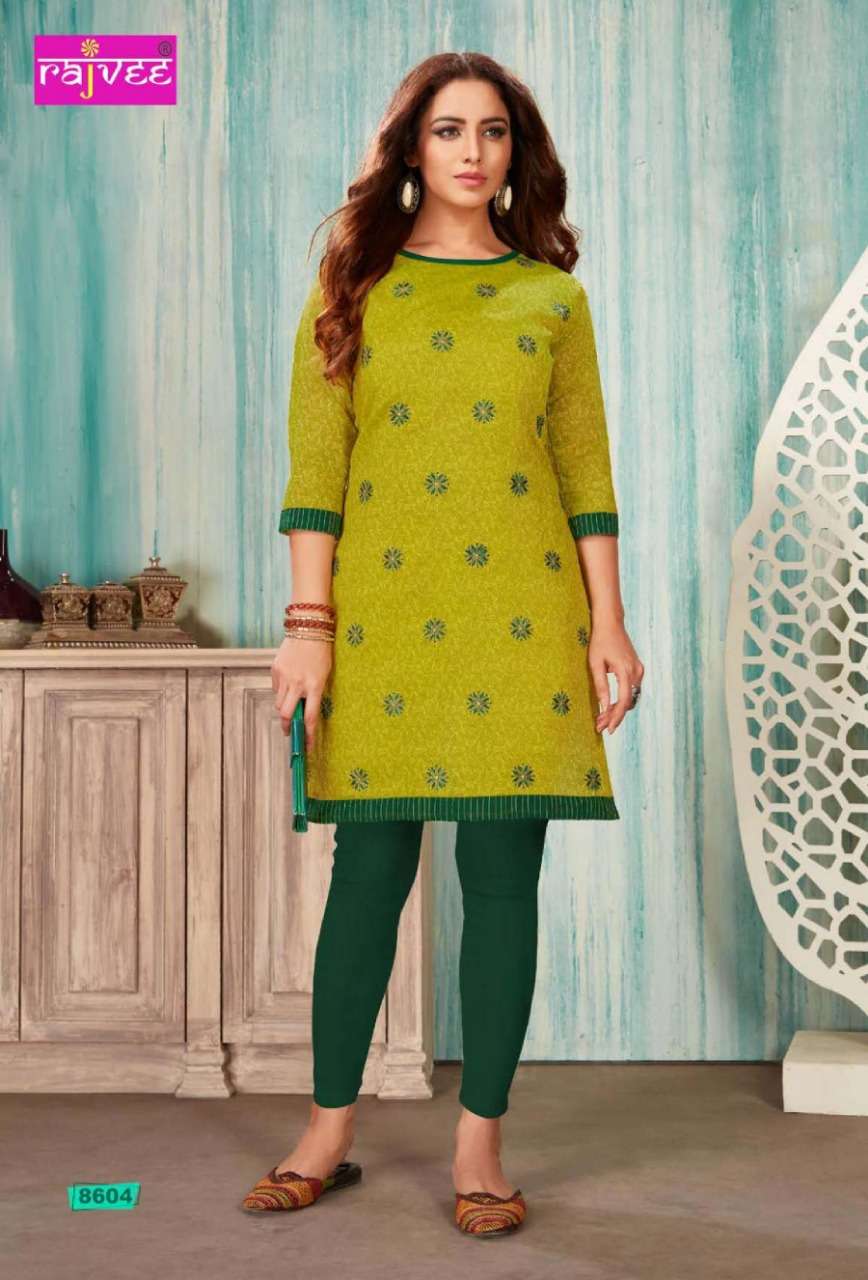 SPICE BY RAJVEE 8601 TO 8608 SERIES STYLISH FANCY BEAUTIFUL COLORFUL CASUAL WEAR & ETHNIC WEAR CHANDERI  PRINTED SILK KURTIS AT WHOLESALE PRICE