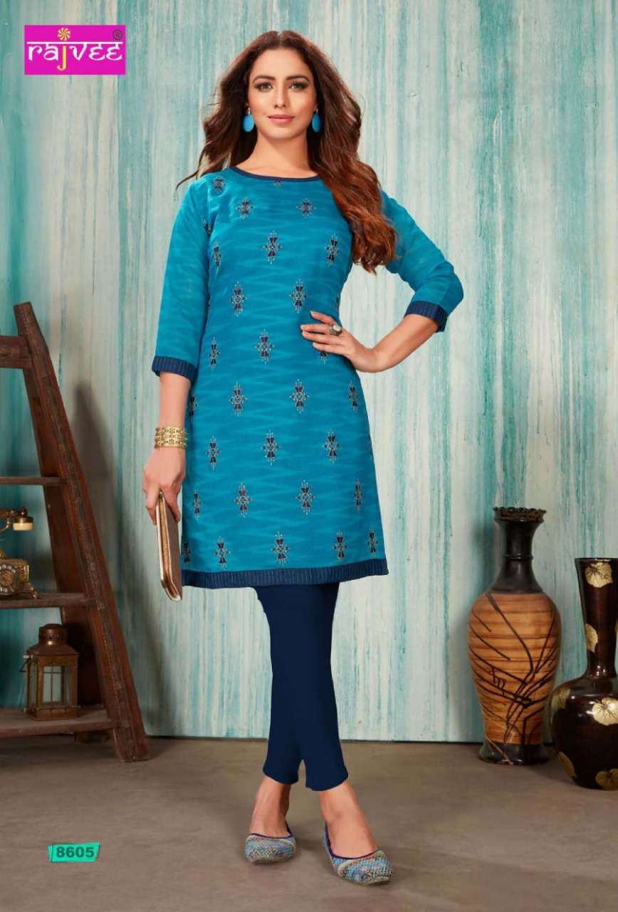 SPICE BY RAJVEE 8601 TO 8608 SERIES STYLISH FANCY BEAUTIFUL COLORFUL CASUAL WEAR & ETHNIC WEAR CHANDERI  PRINTED SILK KURTIS AT WHOLESALE PRICE