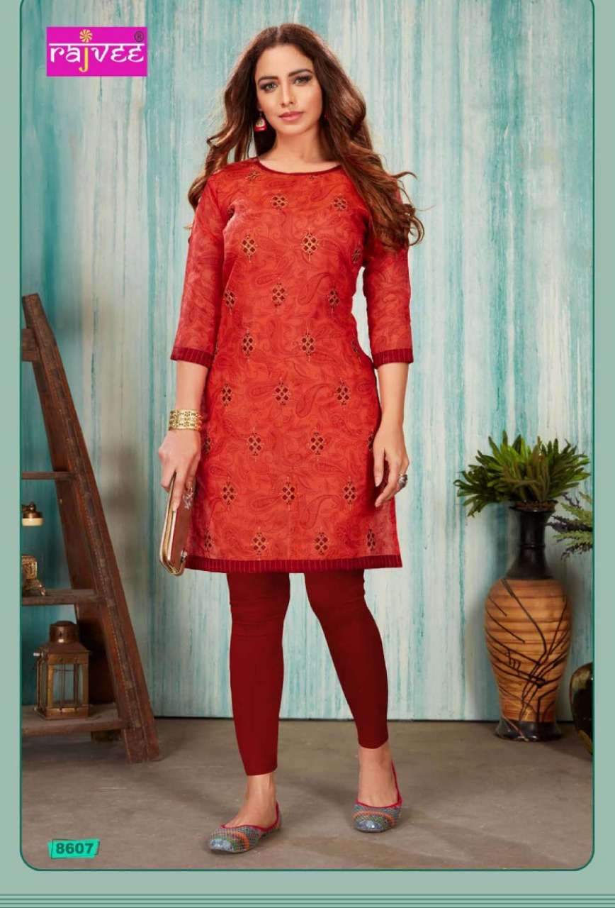 SPICE BY RAJVEE 8601 TO 8608 SERIES STYLISH FANCY BEAUTIFUL COLORFUL CASUAL WEAR & ETHNIC WEAR CHANDERI  PRINTED SILK KURTIS AT WHOLESALE PRICE