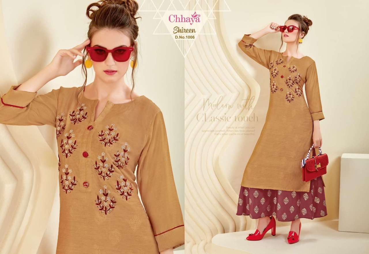 SHIREEN BY CHHAYA 1001 TO 1006 SERIES STYLISH FANCY BEAUTIFUL COLORFUL CASUAL WEAR & ETHNIC WEAR HEAVY MODEL SILK EMBROIDERY  KURTIS AT WHOLESALE PRICE