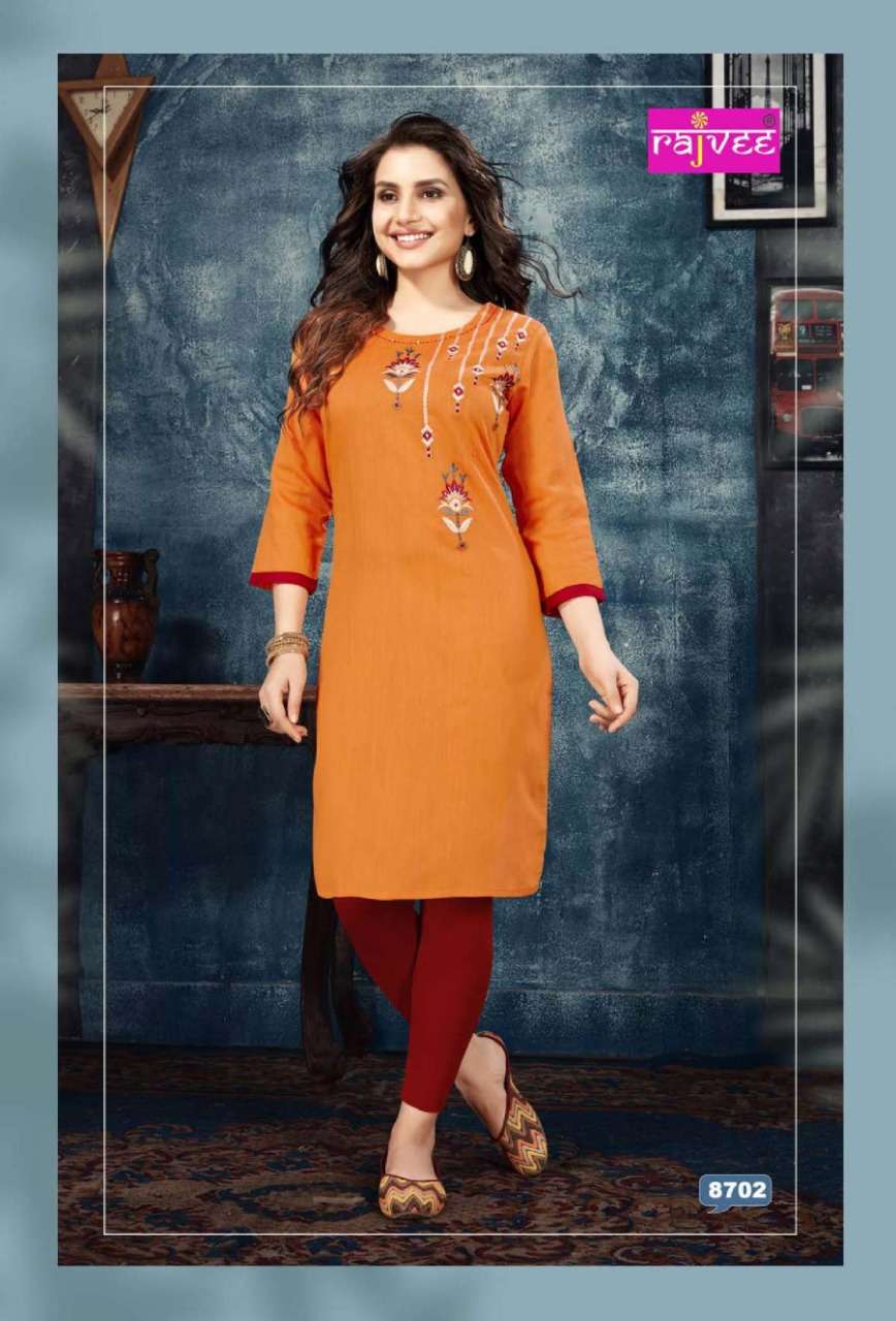 FLORA BY RAJVEE 8701 TO 8708 SERIES STYLISH FANCY BEAUTIFUL COLORFUL CASUAL WEAR & ETHNIC WEAR SILK WITH COTTON INNER KURTIS AT WHOLESALE PRICE
