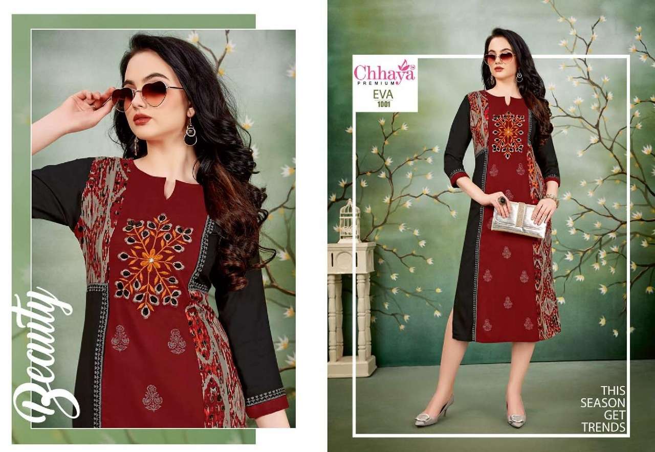 EVA BY CHHAYA 1001 TO 1010 SERIES STYLISH FANCY BEAUTIFUL COLORFUL CASUAL WEAR & ETHNIC WEAR HEAVY RAYON KURTIS AT WHOLESALE PRICE