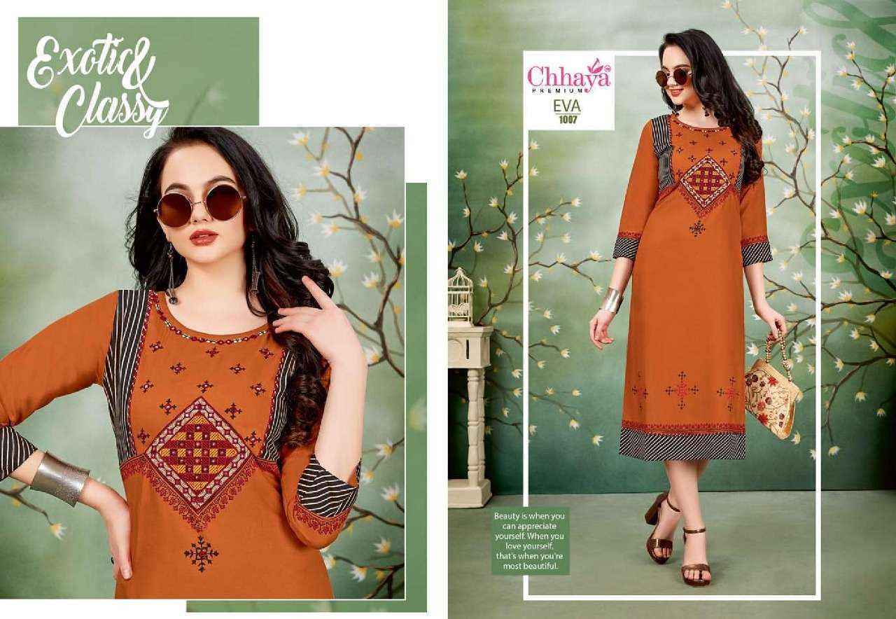EVA BY CHHAYA 1001 TO 1010 SERIES STYLISH FANCY BEAUTIFUL COLORFUL CASUAL WEAR & ETHNIC WEAR HEAVY RAYON KURTIS AT WHOLESALE PRICE