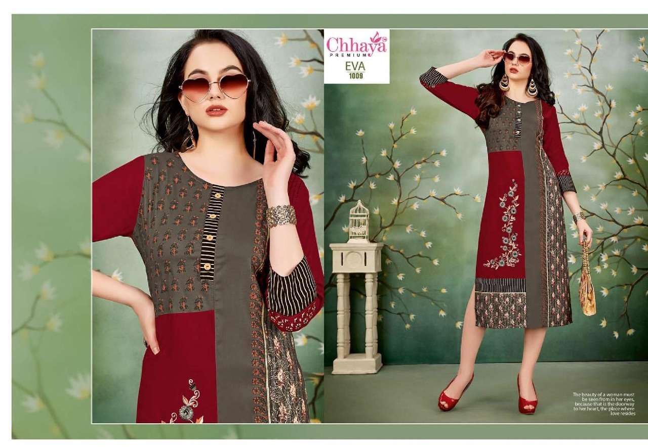 EVA BY CHHAYA 1001 TO 1010 SERIES STYLISH FANCY BEAUTIFUL COLORFUL CASUAL WEAR & ETHNIC WEAR HEAVY RAYON KURTIS AT WHOLESALE PRICE