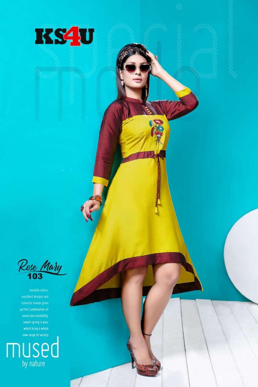 ROSE MARY BY KS4U 101 TO 106 SERIES STYLISH FANCY BEAUTIFUL COLORFUL CASUAL WEAR & ETHNIC WEAR RAYON TWO TONE KURTIS AT WHOLESALE PRICE