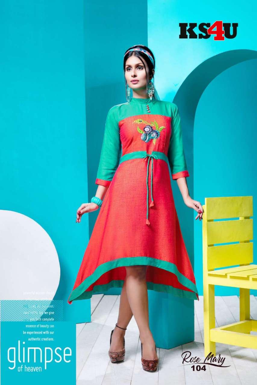 ROSE MARY BY KS4U 101 TO 106 SERIES STYLISH FANCY BEAUTIFUL COLORFUL CASUAL WEAR & ETHNIC WEAR RAYON TWO TONE KURTIS AT WHOLESALE PRICE