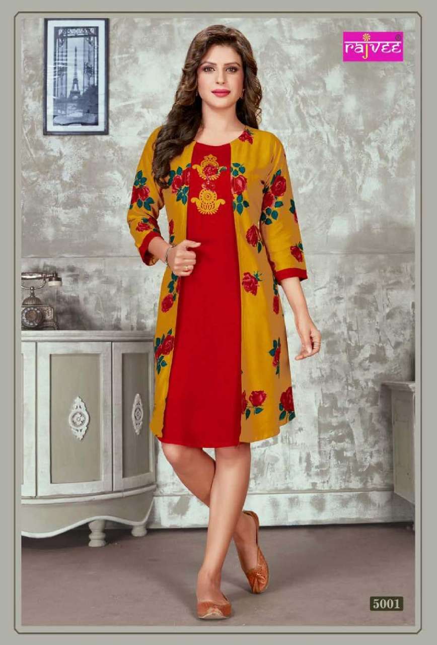 MOMENT VOL-2 BY RAJVEE 5001 TO 5008 SERIES STYLISH FANCY BEAUTIFUL COLORFUL CASUAL WEAR & ETHNIC WEAR RAYON PRINTED KURTIS AT WHOLESALE PRICE