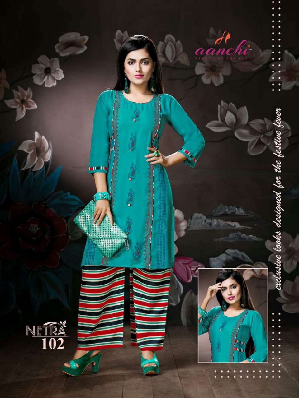 NETRA BY AANCHI 101 TO 107 SERIES STYLISH FANCY BEAUTIFUL COLORFUL CASUAL WEAR & ETHNIC WEAR RAYON EMBROIDERY KURTIS AT WHOLESALE PRICE
