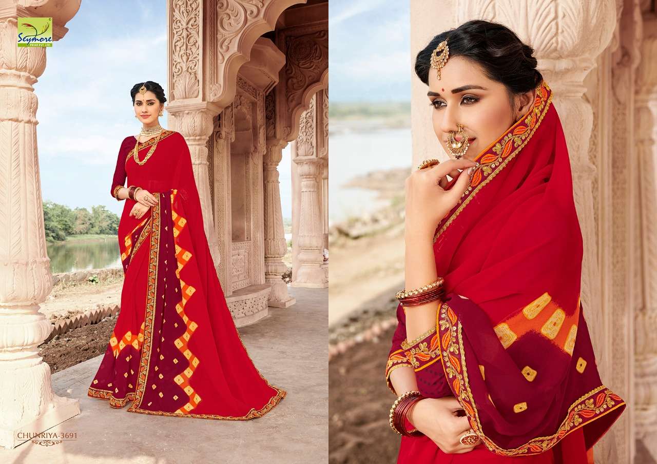 CHUNRIYA VOL-8 BY SEYMORE 3691 TO 3706 SERIES INDIAN TRADITIONAL WEAR COLLECTION BEAUTIFUL STYLISH FANCY COLORFUL PARTY WEAR & OCCASIONAL WEAR GEORGETTE WITH HEAVY BORDER SAREES AT WHOLESALE PRICE