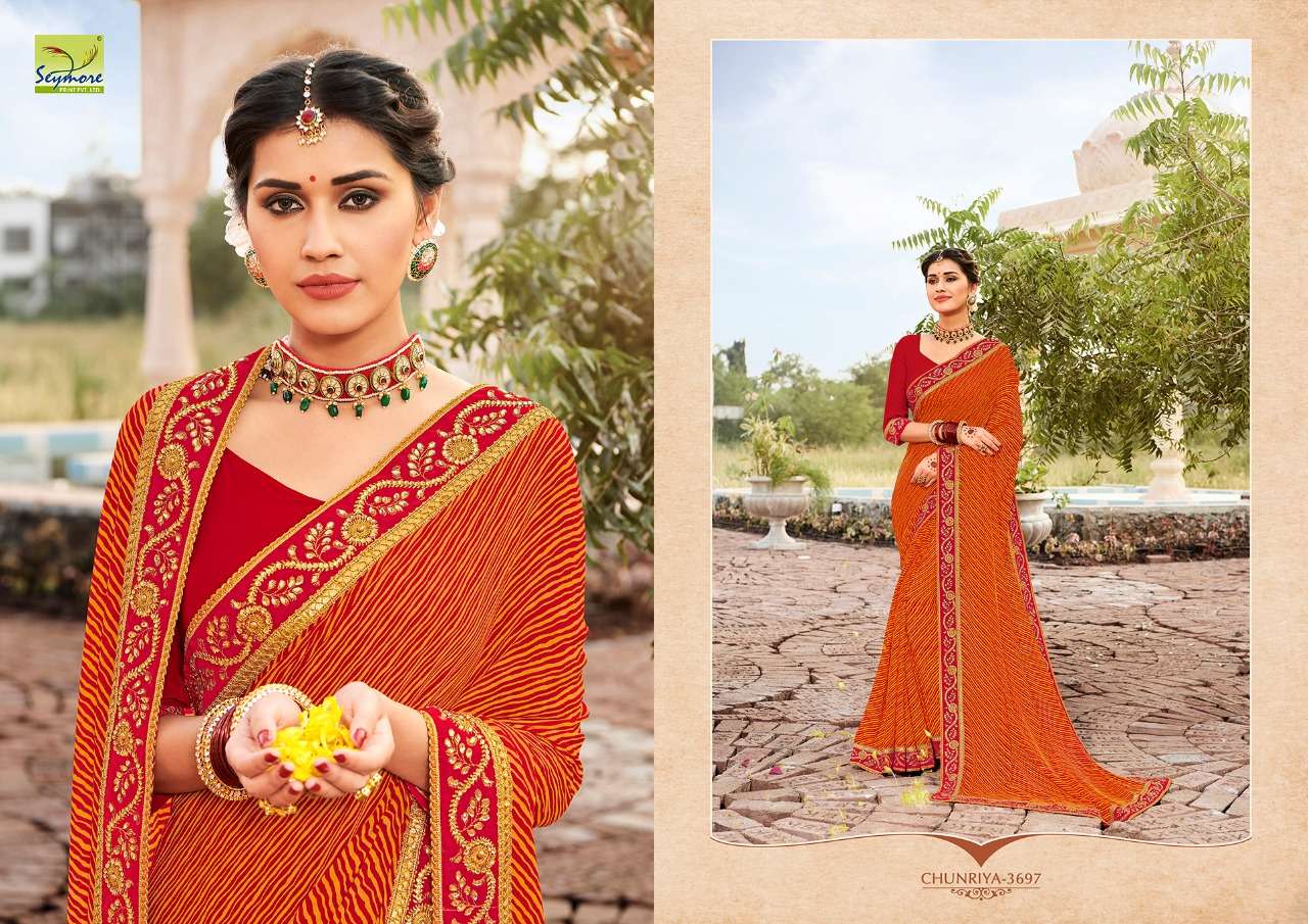 CHUNRIYA VOL-8 BY SEYMORE 3691 TO 3706 SERIES INDIAN TRADITIONAL WEAR COLLECTION BEAUTIFUL STYLISH FANCY COLORFUL PARTY WEAR & OCCASIONAL WEAR GEORGETTE WITH HEAVY BORDER SAREES AT WHOLESALE PRICE