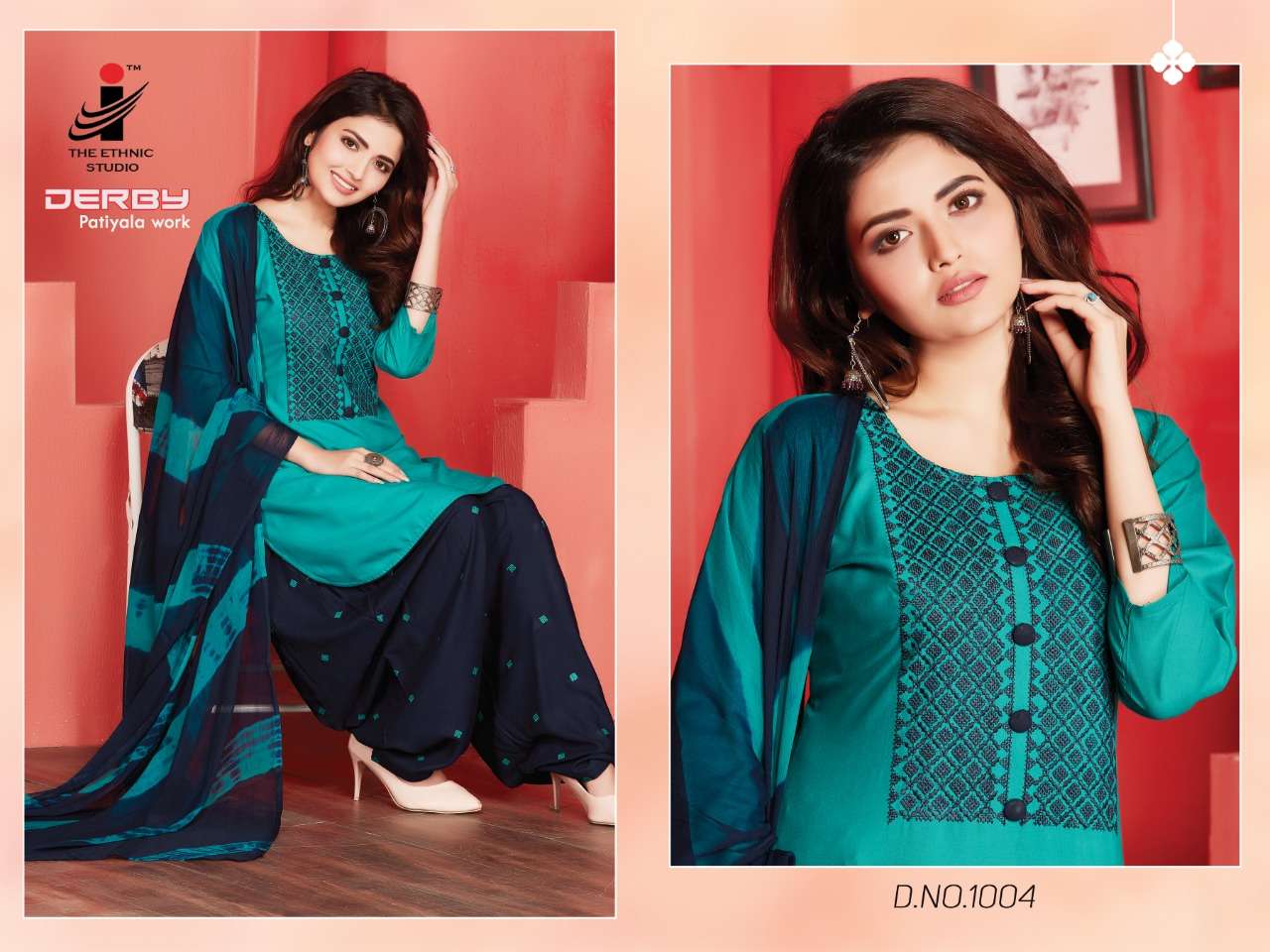 DERBY BY THE ETHNIC STUDIO 1001 TO 1008 SERIES DESIGNER PATIYALA SUITS BEAUTIFUL FANCY COLORFUL STYLISH PARTY WEAR & ETHNIC WEAR RAYON WITH EMBROIDERY DRESSES AT WHOLESALE PRICE