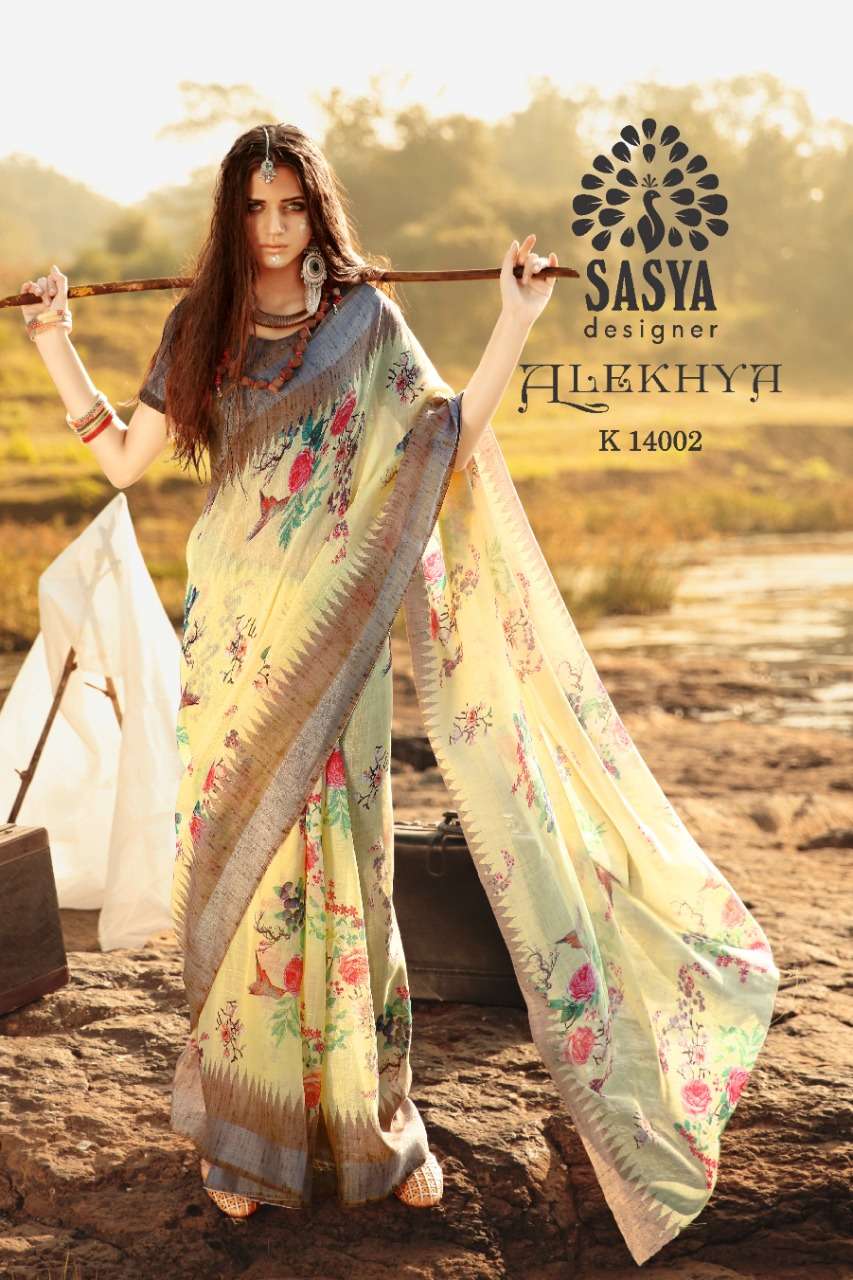 ALEKHYA BY SASYA DESIGNER 14001 TO 14010 SERIES INDIAN TRADITIONAL WEAR COLLECTION BEAUTIFUL STYLISH FANCY COLORFUL PARTY WEAR & OCCASIONAL WEAR PURE LINEN ZARI BORDER SAREES AT WHOLESALE PRICE