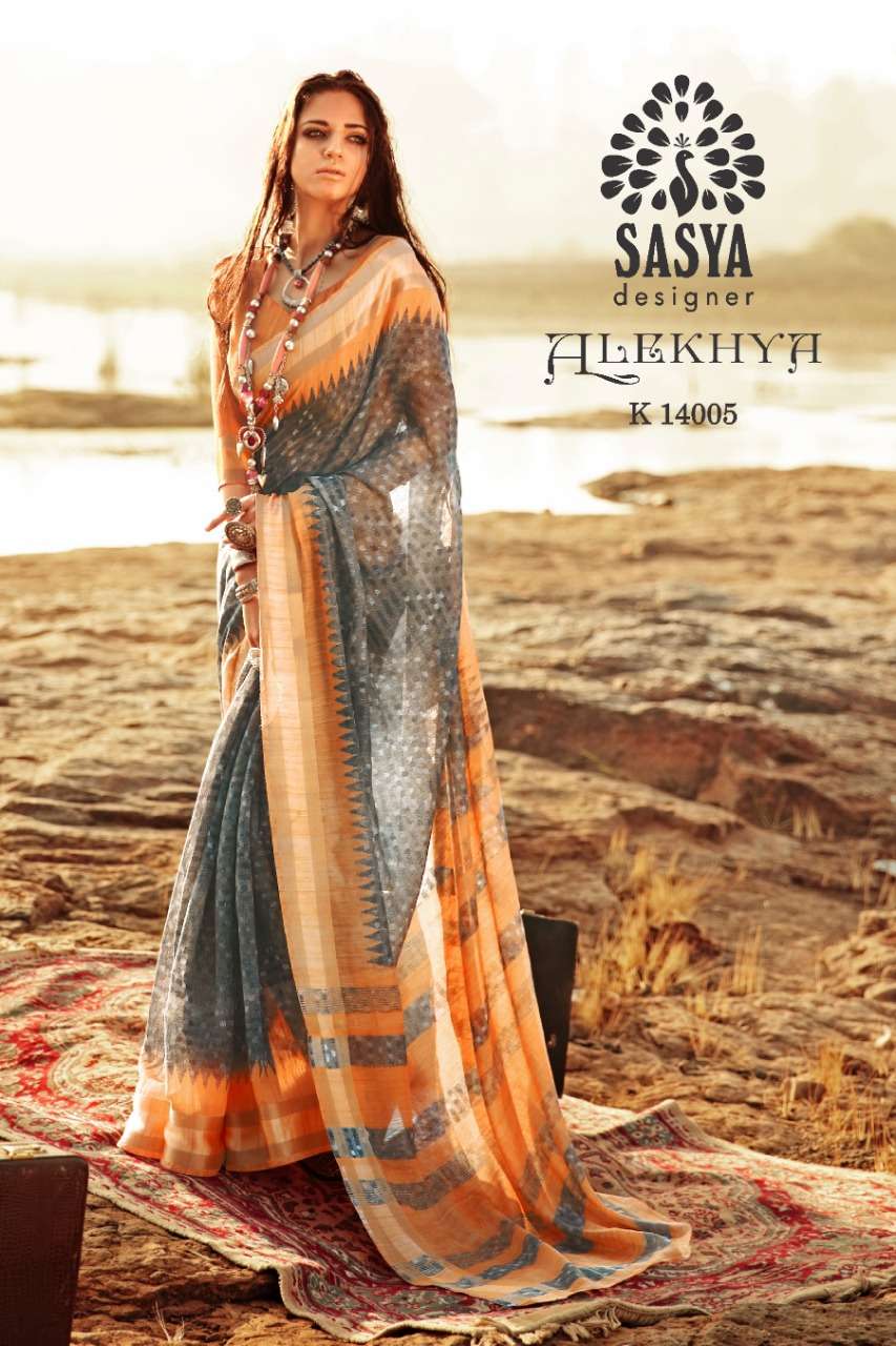 ALEKHYA BY SASYA DESIGNER 14001 TO 14010 SERIES INDIAN TRADITIONAL WEAR COLLECTION BEAUTIFUL STYLISH FANCY COLORFUL PARTY WEAR & OCCASIONAL WEAR PURE LINEN ZARI BORDER SAREES AT WHOLESALE PRICE
