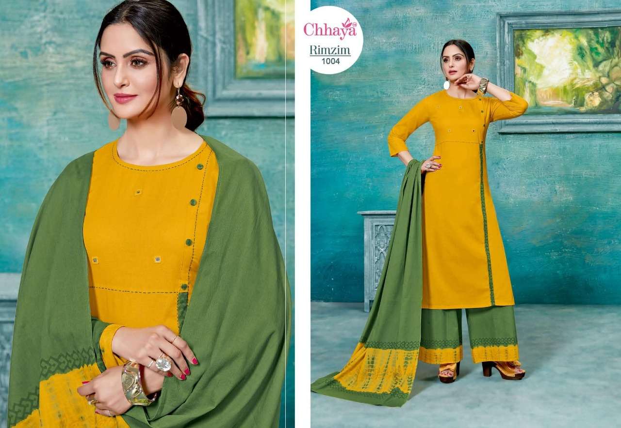 RIMZIM BY CHHAYA 1001 TO 1007 SERIES DESIGNER SUITS COLLECTION BEAUTIFUL STYLISH FANCY COLORFUL PARTY WEAR & OCCASIONAL WEAR PLAIN COTTON PRINTED DRESSES AT WHOLESALE PRICE