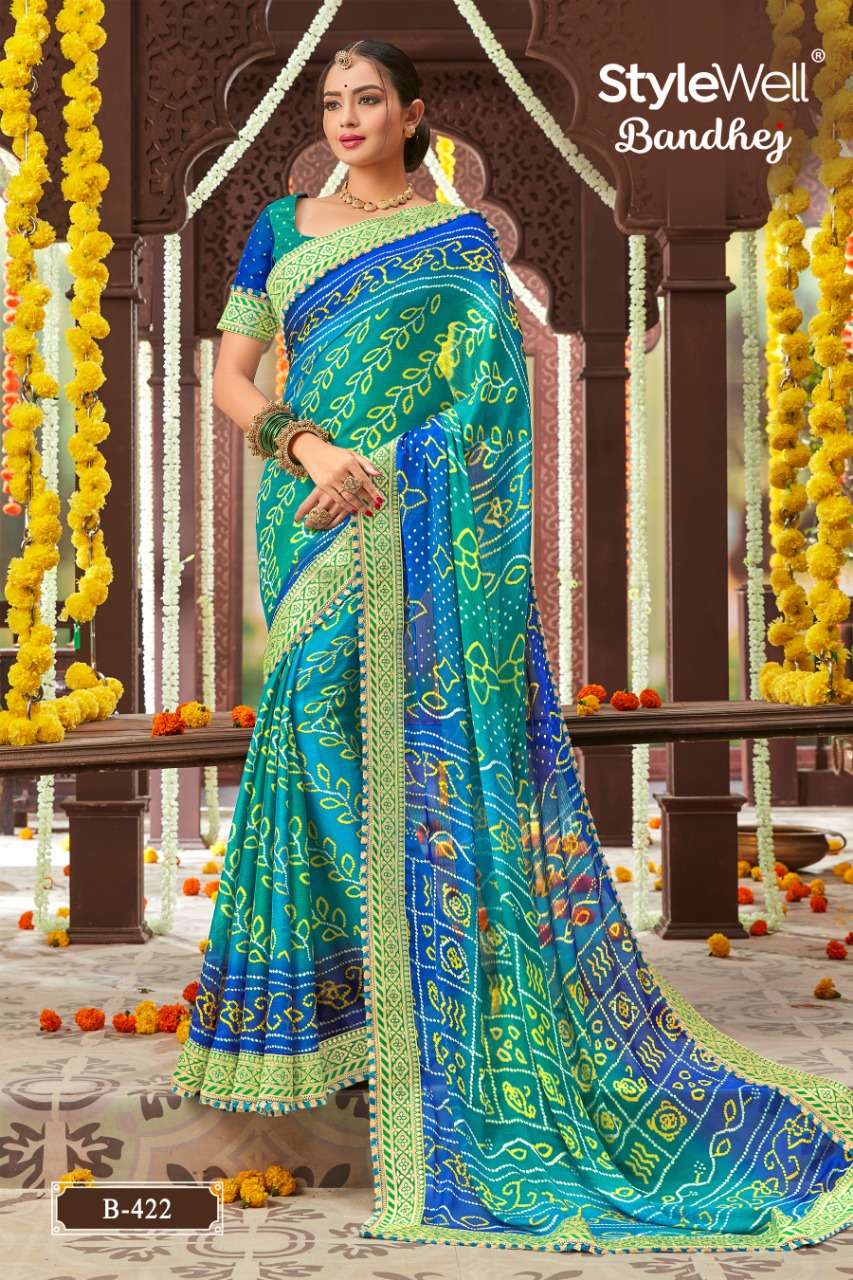 BANDHEJ BY STYLEWELL 421 TO 428 SERIES INDIAN TRADITIONAL WEAR COLLECTION BEAUTIFUL STYLISH FANCY COLORFUL PARTY WEAR & OCCASIONAL WEAR MOSS CHIFFON BANDHANI PRINTED SAREES AT WHOLESALE PRICE