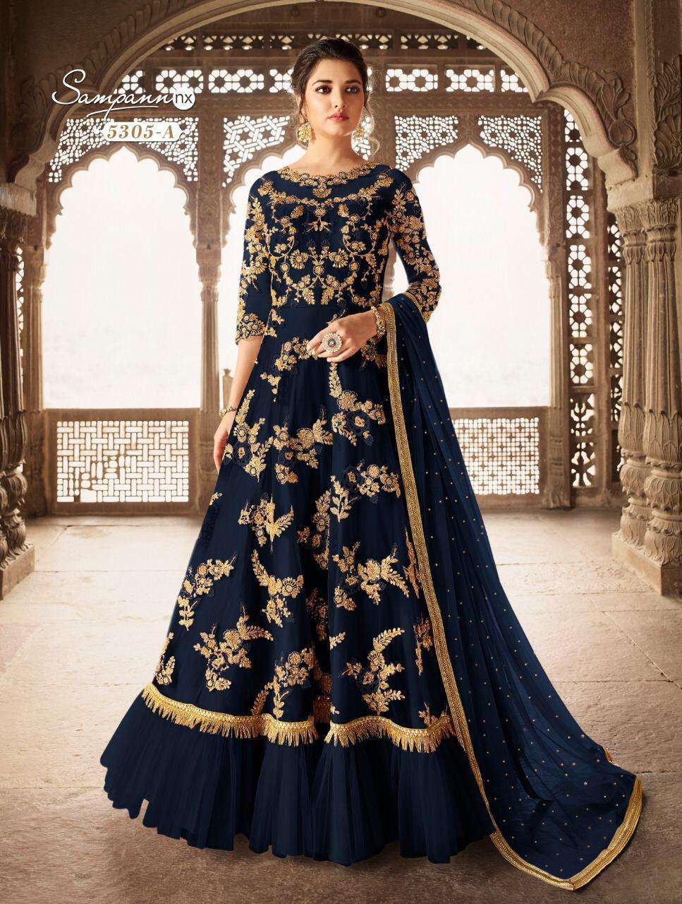 SAGA 5305 COLOURS BY SAMPANN NX 5305-A TO 5305-B SERIES ANARKALI DESIGNER BEAUTIFUL SUITS COLORFUL STYLISH FANCY CASUAL WEAR & ETHNIC WEAR NET EMBROIDERED DRESSES AT WHOLESALE PRICE