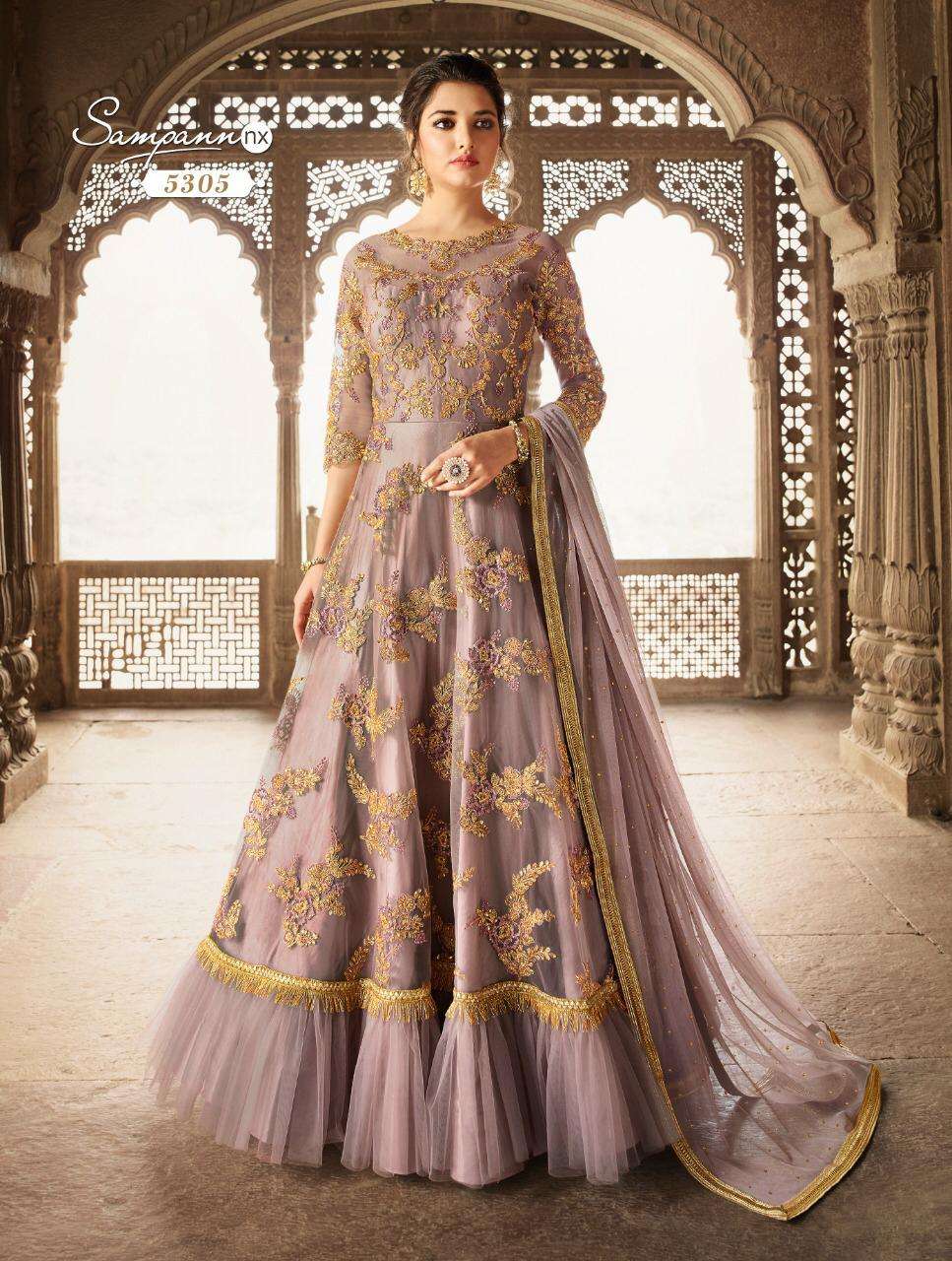 SAGA 5305 COLOURS BY SAMPANN NX 5305-A TO 5305-B SERIES ANARKALI DESIGNER BEAUTIFUL SUITS COLORFUL STYLISH FANCY CASUAL WEAR & ETHNIC WEAR NET EMBROIDERED DRESSES AT WHOLESALE PRICE