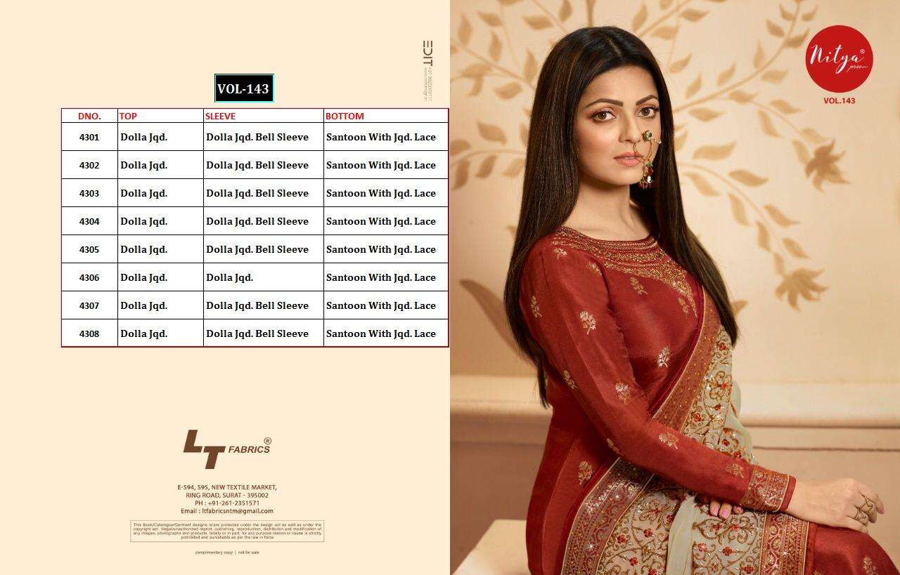 Nitya Vol-143 By Lt Fabrics 4301 To 4308 Series Designer Collection Sharara Suits Beautiful Stylish Fancy Colorful Party Wear & Occasional Wear Dolla Jacquard Embroidery Dresses At Wholesale Price