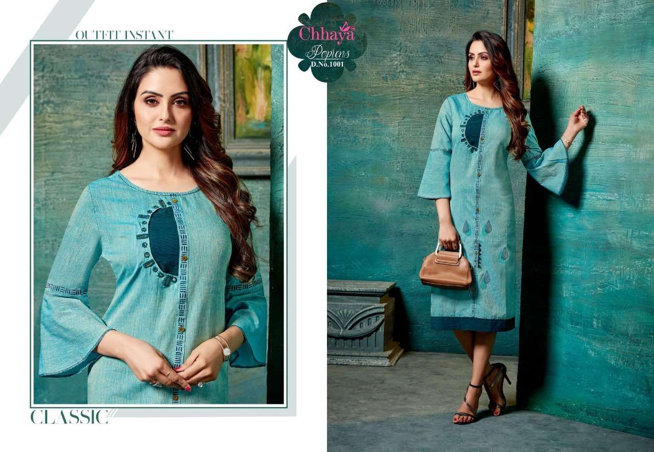 POPIENS BY CHHAYA 1001 TO 1008 SERIES BEAUTIFUL COLORFUL STYLISH FANCY CASUAL WEAR & ETHNIC WEAR & READY TO WEAR HEAVY COTTON KURTIS AT WHOLESALE PRICE
