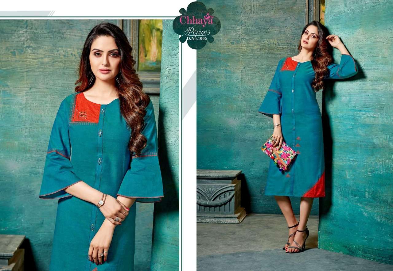POPIENS BY CHHAYA 1001 TO 1008 SERIES BEAUTIFUL COLORFUL STYLISH FANCY CASUAL WEAR & ETHNIC WEAR & READY TO WEAR HEAVY COTTON KURTIS AT WHOLESALE PRICE