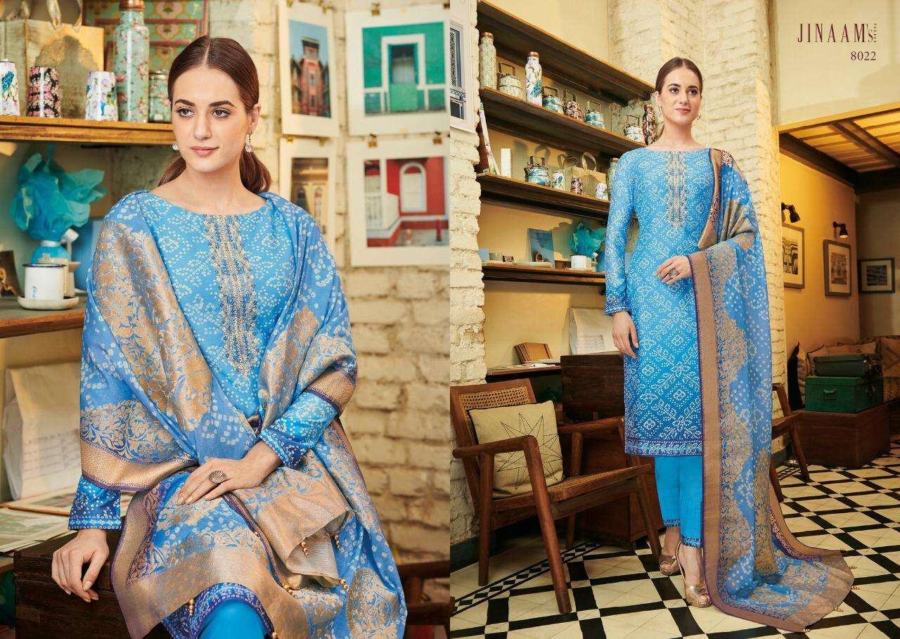 JINAAM URMIKA BY JINAAM DRESSE 8020 TO 8025 SERIES BEAUTIFUL SUITS STYLISH FANCY COLORFUL PARTY WEAR & ETHNIC WEAR RUSSIANM SILK DIGITAL PRINTED WITH EMBROIDERED DRESSES AT WHOLESALE PRICE
