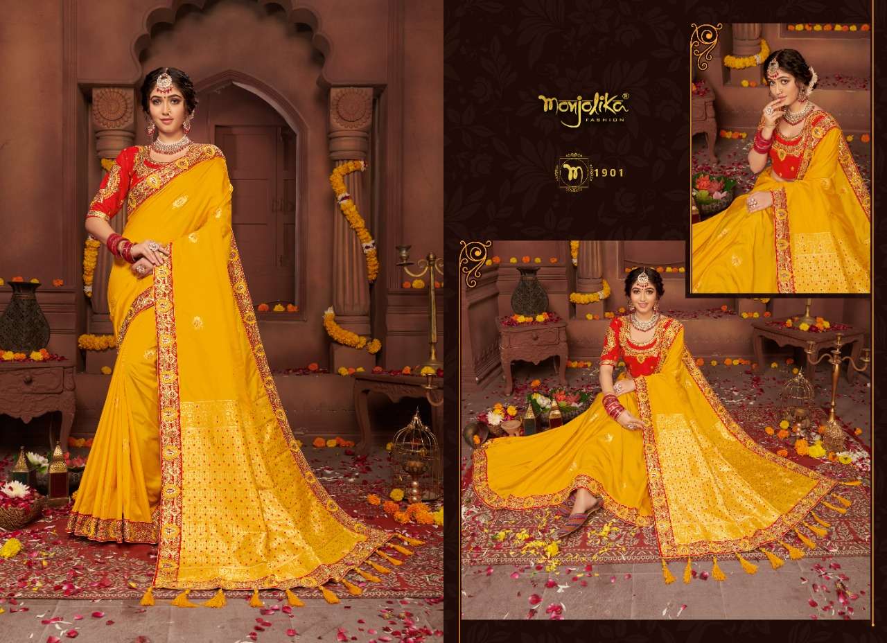 VARTIKA VOL-19 BY MONJOLIKA 1901 TO 1906 SERIES INDIAN TRADITIONAL WEAR COLLECTION BEAUTIFUL STYLISH FANCY COLORFUL PARTY WEAR & OCCASIONAL WEAR SILK EMBROIDERED SAREES AT WHOLESALE PRICE
