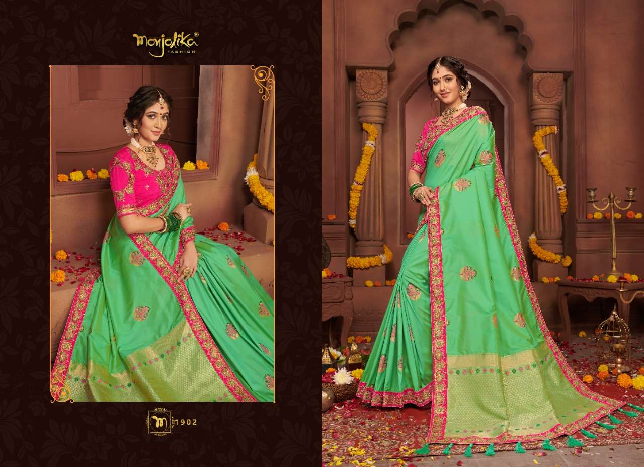 VARTIKA VOL-19 BY MONJOLIKA 1901 TO 1906 SERIES INDIAN TRADITIONAL WEAR COLLECTION BEAUTIFUL STYLISH FANCY COLORFUL PARTY WEAR & OCCASIONAL WEAR SILK EMBROIDERED SAREES AT WHOLESALE PRICE