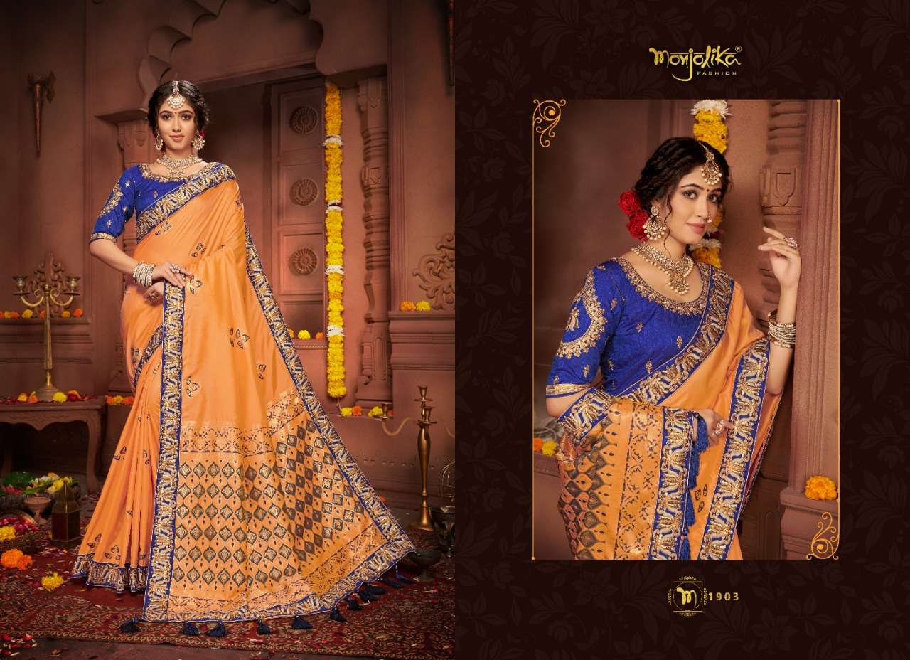 VARTIKA VOL-19 BY MONJOLIKA 1901 TO 1906 SERIES INDIAN TRADITIONAL WEAR COLLECTION BEAUTIFUL STYLISH FANCY COLORFUL PARTY WEAR & OCCASIONAL WEAR SILK EMBROIDERED SAREES AT WHOLESALE PRICE