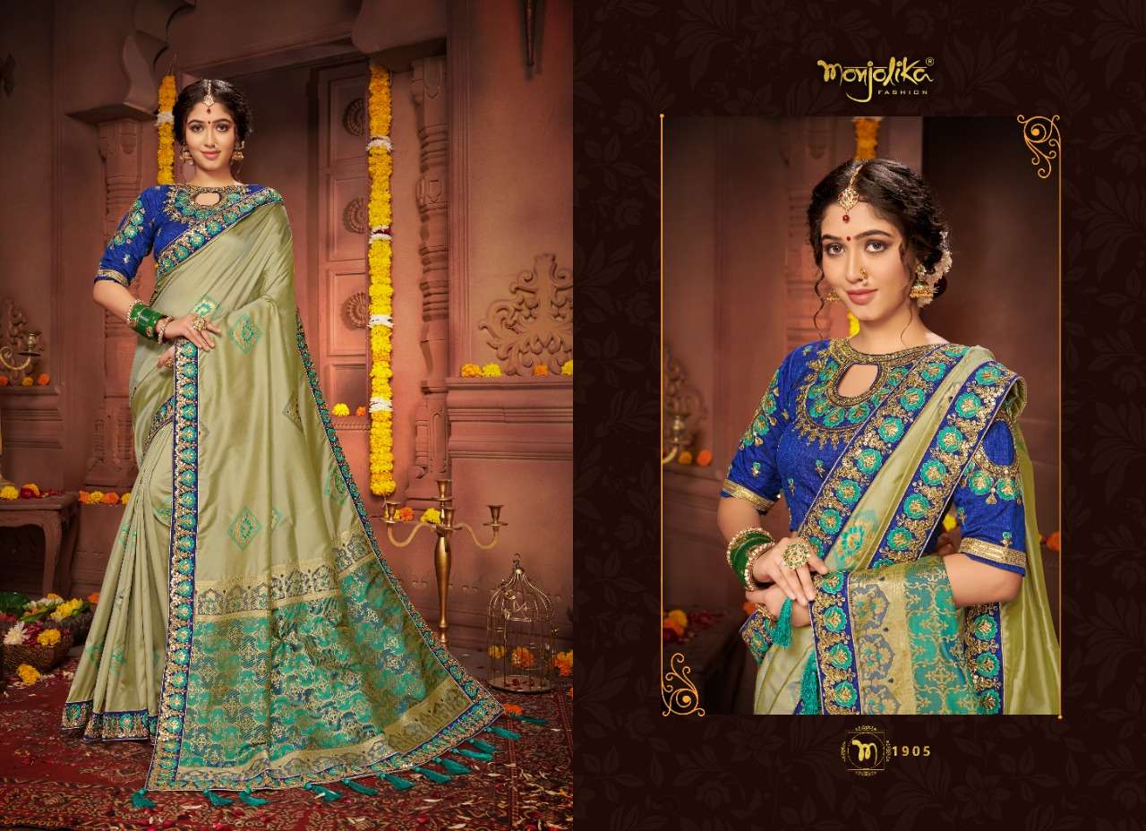 VARTIKA VOL-19 BY MONJOLIKA 1901 TO 1906 SERIES INDIAN TRADITIONAL WEAR COLLECTION BEAUTIFUL STYLISH FANCY COLORFUL PARTY WEAR & OCCASIONAL WEAR SILK EMBROIDERED SAREES AT WHOLESALE PRICE