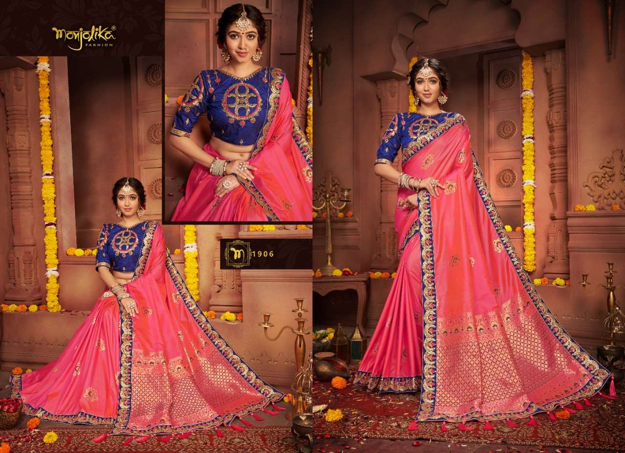 VARTIKA VOL-19 BY MONJOLIKA 1901 TO 1906 SERIES INDIAN TRADITIONAL WEAR COLLECTION BEAUTIFUL STYLISH FANCY COLORFUL PARTY WEAR & OCCASIONAL WEAR SILK EMBROIDERED SAREES AT WHOLESALE PRICE